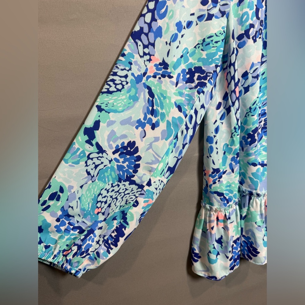 Lilly Pulitzer Savanna Printed Ruffle Hem Blouse in Blue Green Women’s Size S - Picture 6 of 10